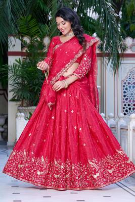Rani-pink - gold crush fabric sequins embroidery semi-stitched lehenga & unstitched blouse dupatta with bag 5