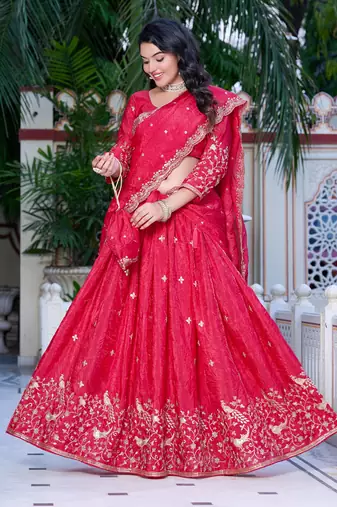 Rani-pink - gold crush fabric sequins embroidery semi-stitched lehenga & unstitched blouse dupatta with bag