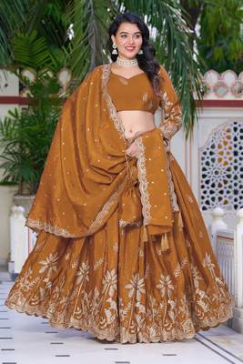 Mustard - gold crush fabric sequins embroidery semi-stitched lehenga & unstitched blouse dupatta with bag 5