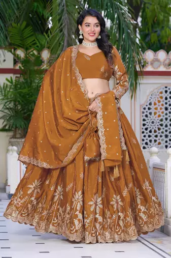 Mustard - gold crush fabric sequins embroidery semi-stitched lehenga & unstitched blouse dupatta with bag