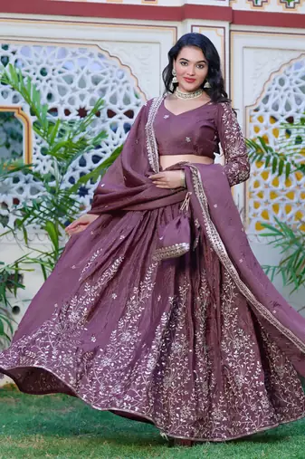 Lavender - gold crush fabric sequins embroidery semi-stitched lehenga & unstitched blouse dupatta with bag