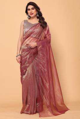 wine net saree with sequin blouse for party wear 1