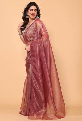 wine net saree with sequin blouse for party wear 2