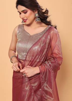 wine net saree with sequin blouse for party wear 4