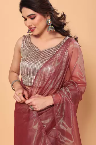 wine net saree with sequin blouse for party wear
