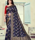 	Navy Blue Woven Silk Blend Saree With Blouse