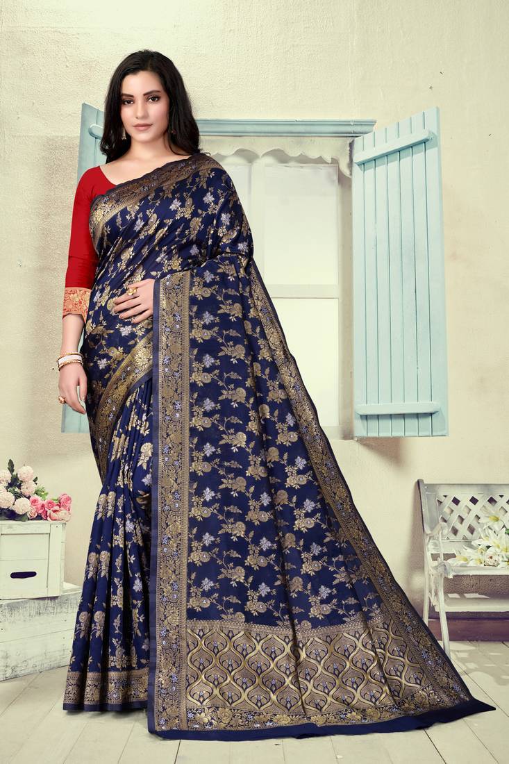 	Navy Blue Woven Silk Blend Saree With Blouse