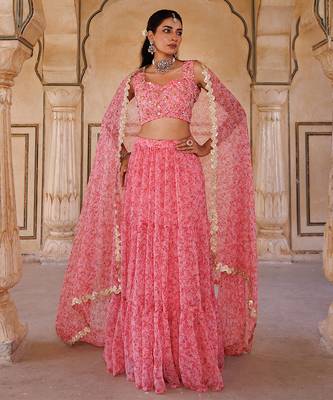 Pink printed chiffon lehenga set 1