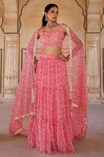 Pink printed chiffon lehenga set