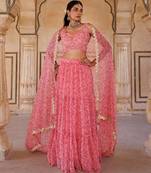 Pink printed chiffon lehenga set