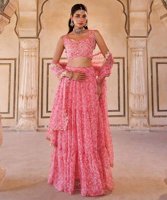 Pink printed chiffon lehenga set 2