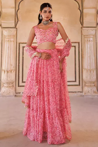 Pink printed chiffon lehenga set