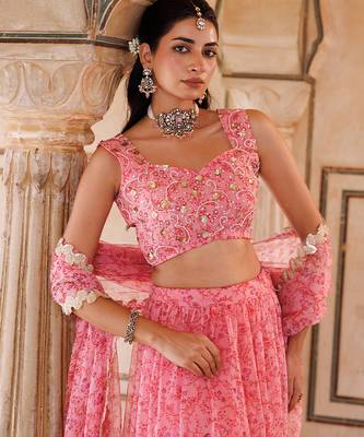 Pink printed chiffon lehenga set 3