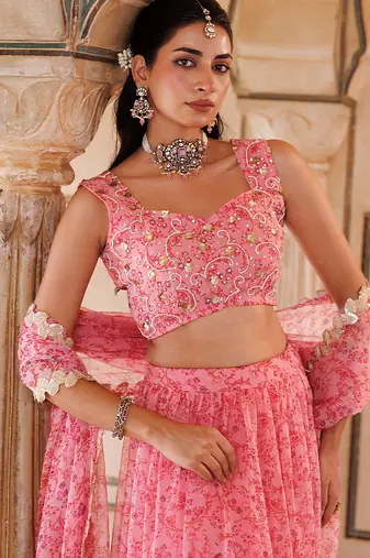 Pink printed chiffon lehenga set