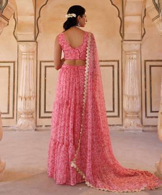 Pink printed chiffon lehenga set 4