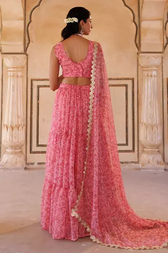 Pink printed chiffon lehenga set