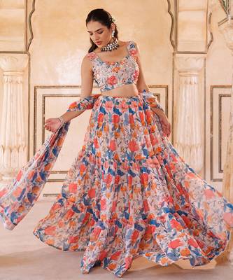 Multi colour printed georgette lehenga set 1