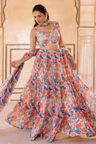 Multi colour printed georgette lehenga set