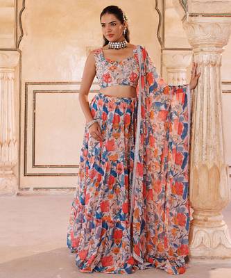 Multi colour printed georgette lehenga set 2