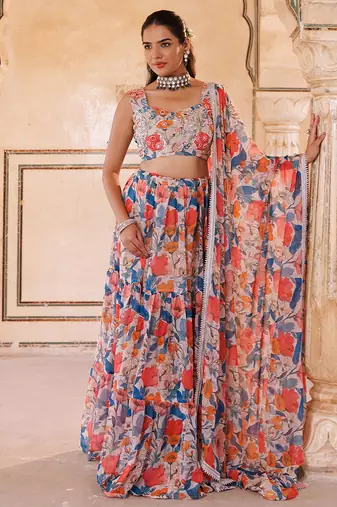 Multi colour printed georgette lehenga set