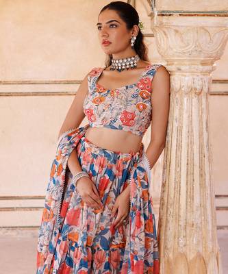 Multi colour printed georgette lehenga set 3