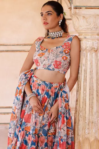 Multi colour printed georgette lehenga set
