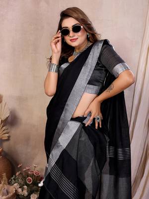 Black Color Zari Border Cotton Saree  1