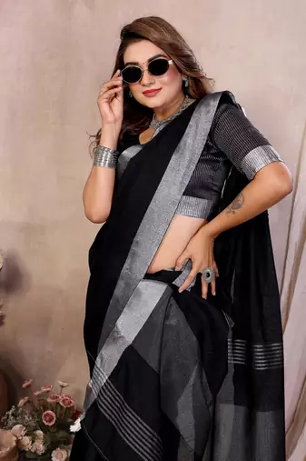 Black Color Zari Border Cotton Saree 