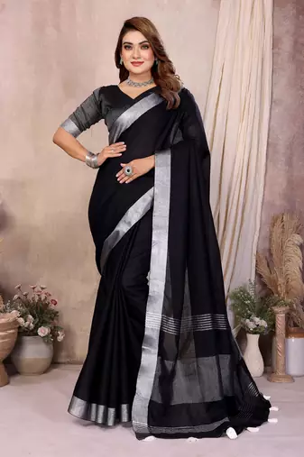 Black Color Zari Border Cotton Saree 