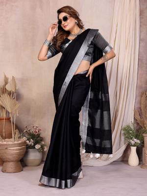 Black Color Zari Border Cotton Saree  3