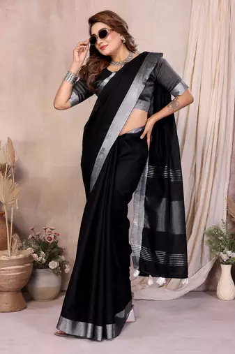 Black Color Zari Border Cotton Saree 