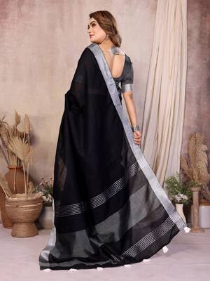 Black Color Zari Border Cotton Saree  4