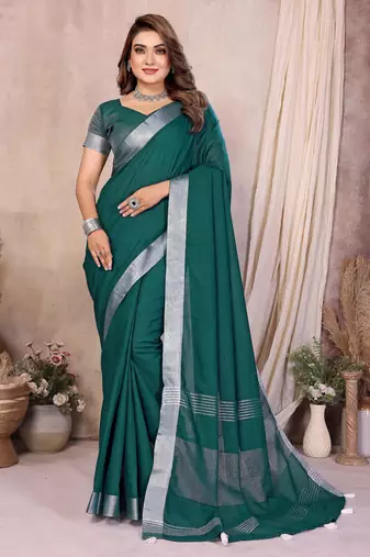 Green Color Zari Border Cotton Saree 