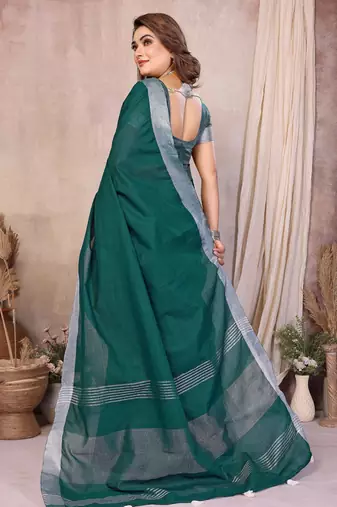 Green Color Zari Border Cotton Saree 