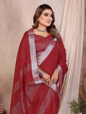 Maroon Color Zari Border Cotton Saree  1