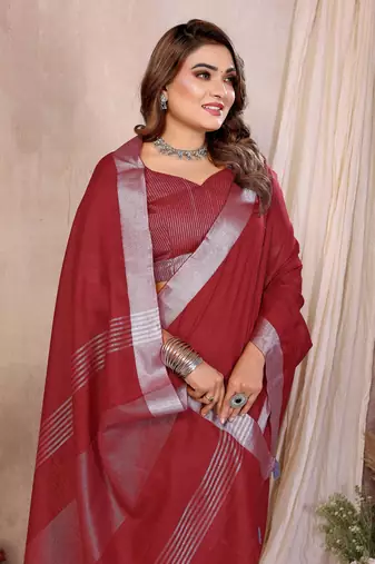 Maroon Color Zari Border Cotton Saree 