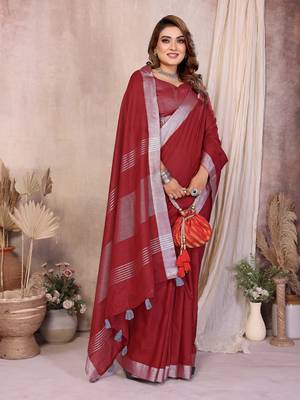 Maroon Color Zari Border Cotton Saree  3