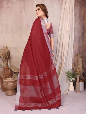 Maroon Color Zari Border Cotton Saree  4