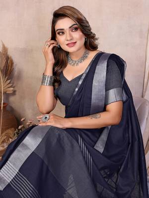 Navy Blue Color Zari Border Cotton Saree  1