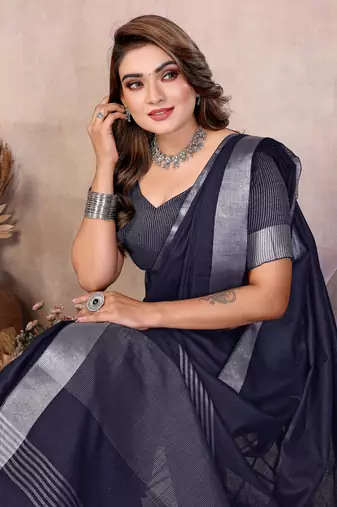 Navy Blue Color Zari Border Cotton Saree 