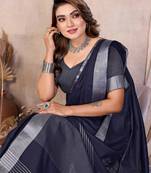 Navy Blue Color Zari Border Cotton Saree 