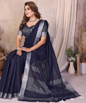 Navy Blue Color Zari Border Cotton Saree  2