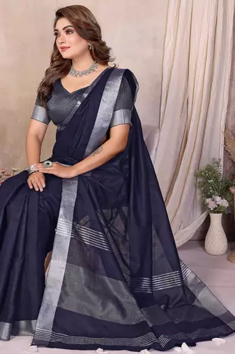 Navy Blue Color Zari Border Cotton Saree 
