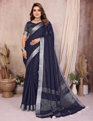 Navy Blue Color Zari Border Cotton Saree  3