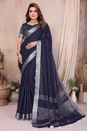 Navy Blue Color Zari Border Cotton Saree 
