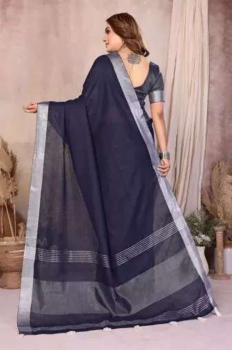 Navy Blue Color Zari Border Cotton Saree 