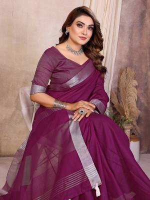 Plum Color Zari Border Cotton Saree  1
