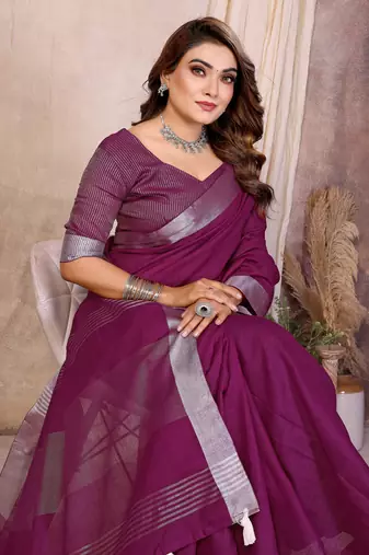 Plum Color Zari Border Cotton Saree 