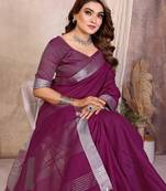 Plum Color Zari Border Cotton Saree 