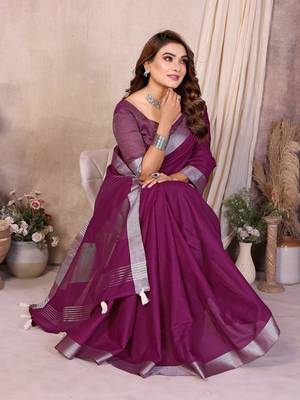 Plum Color Zari Border Cotton Saree  2